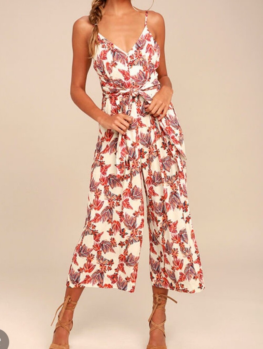 Free People hot tropics jumpsuit sleeveless V neck wide leg belt palms 8 medium
